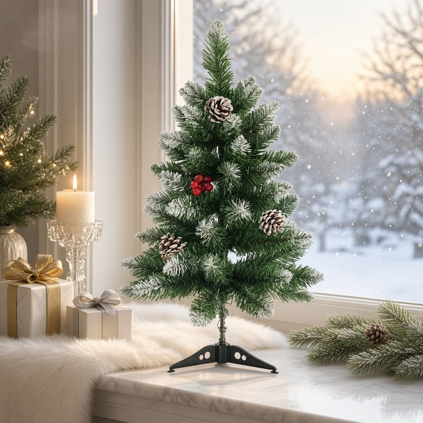 Brad artificial decorativ de masă nins, cu conuri, verde, 60cm