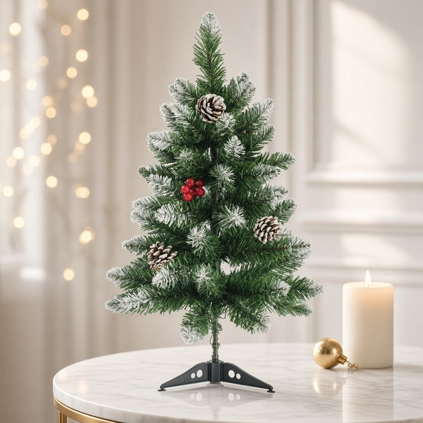 Brad artificial decorativ de masă nins, cu conuri, verde, 60cm