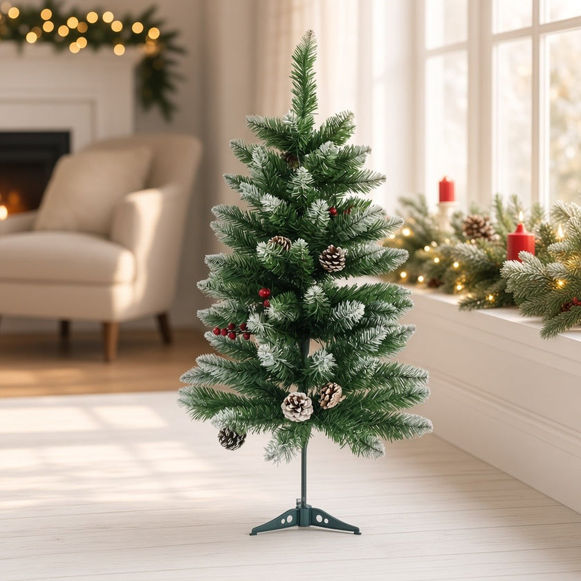 Brad artificial decorativ nins, cu conuri, verde, 90cm