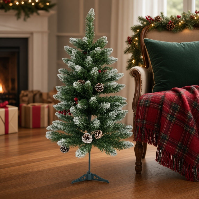 Brad artificial decorativ nins, cu conuri, verde, 90cm
