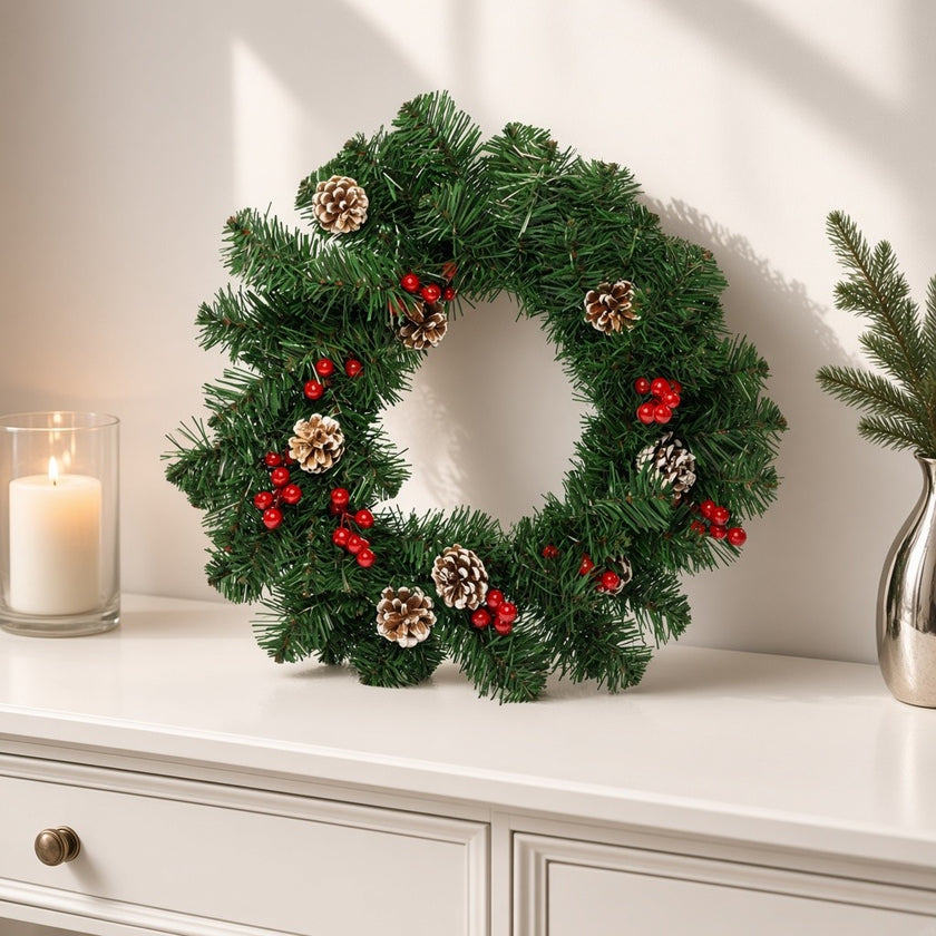 Coroniță decorativă de Crăciun cu conuri, verde, 50cm