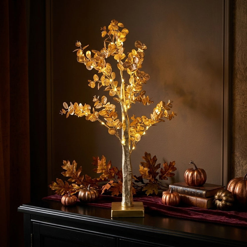 Copac decorativ eucalipt auriu cu LED 60cm