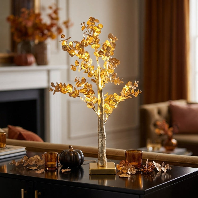Copac decorativ eucalipt auriu cu LED 60cm
