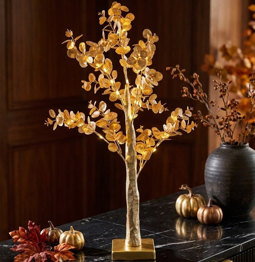 Copac decorativ eucalipt auriu cu LED 60cm