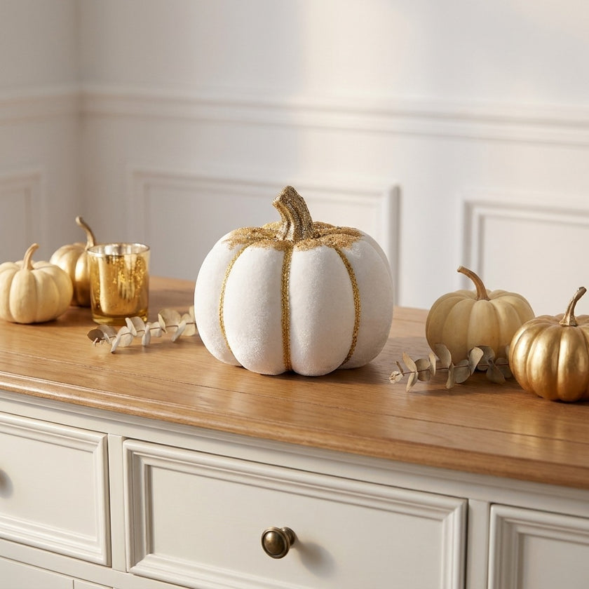Dovleac decorativ din catifea alb 20cm