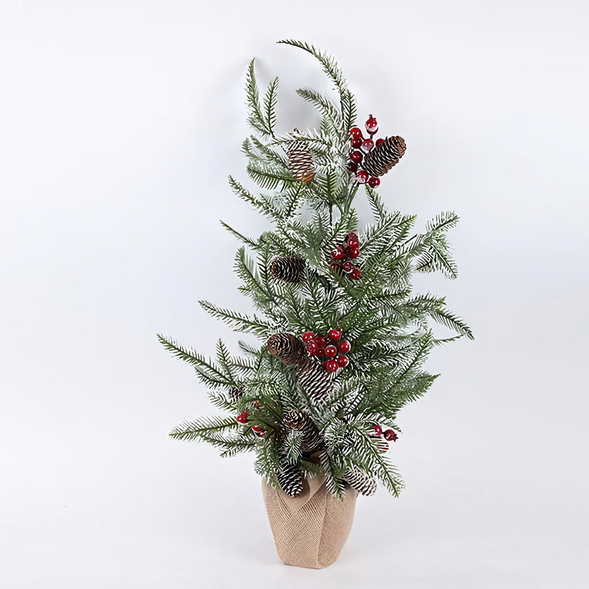 Brad artificial decorativ în ghiveci, nins cu conuri, verde, 75cm