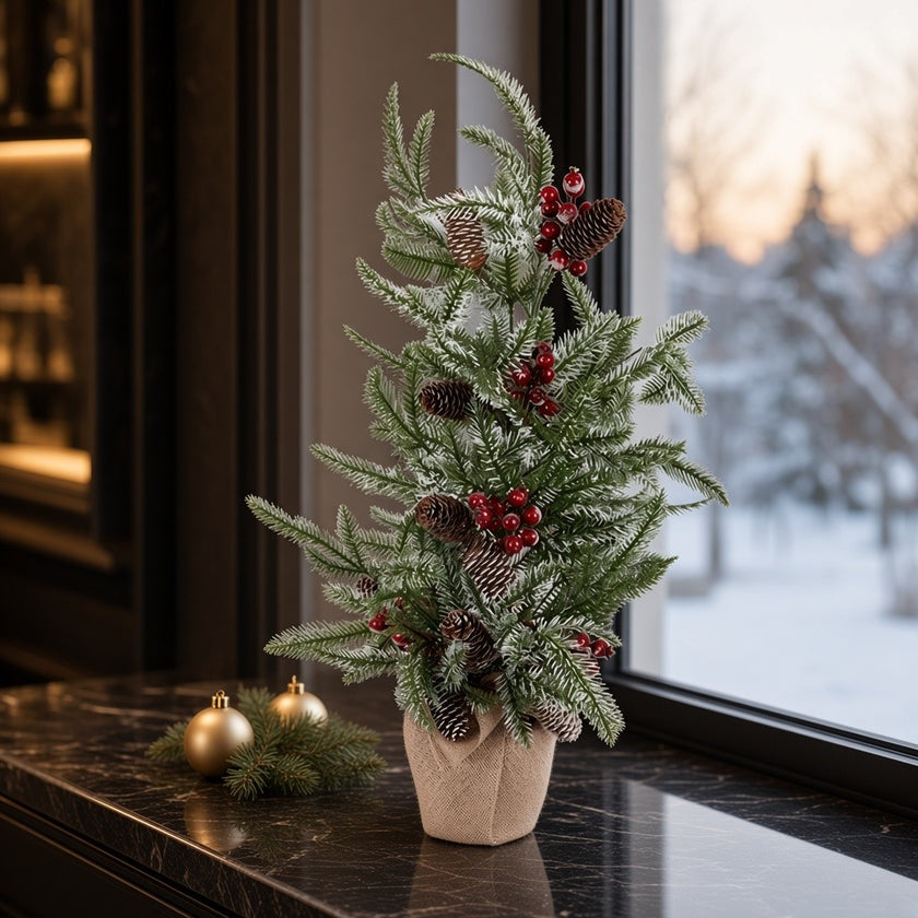 Brad artificial decorativ în ghiveci, nins cu conuri, verde, 75cm