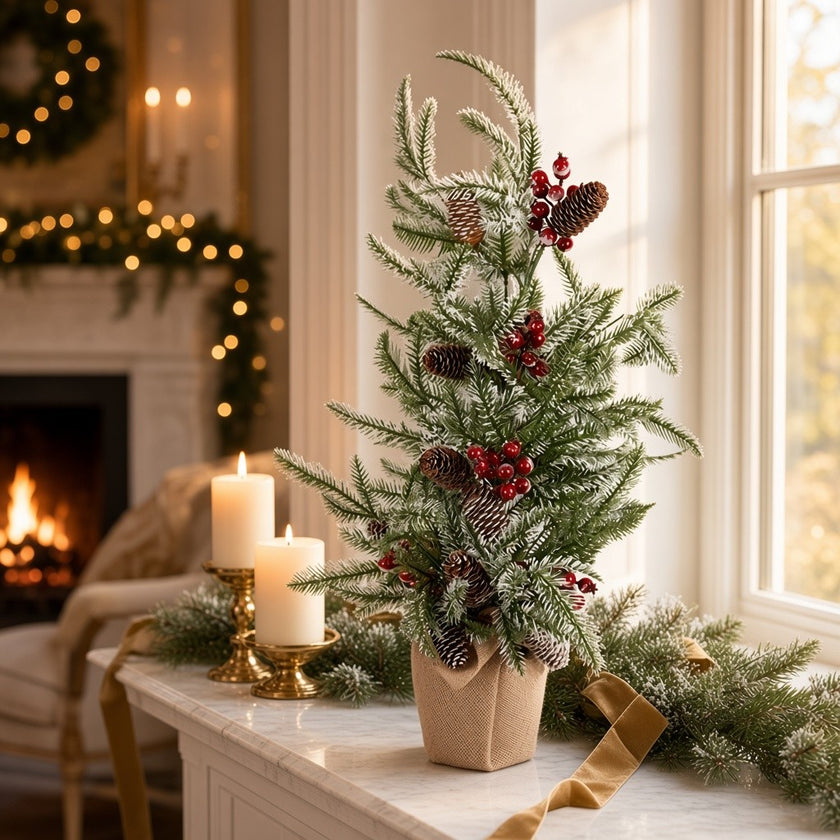 Brad artificial decorativ în ghiveci, nins cu conuri, verde, 75cm
