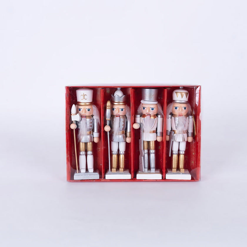 Set 4 spărgători de nuci din lemn pentru Crăciun, alb și argintiu, 12cm