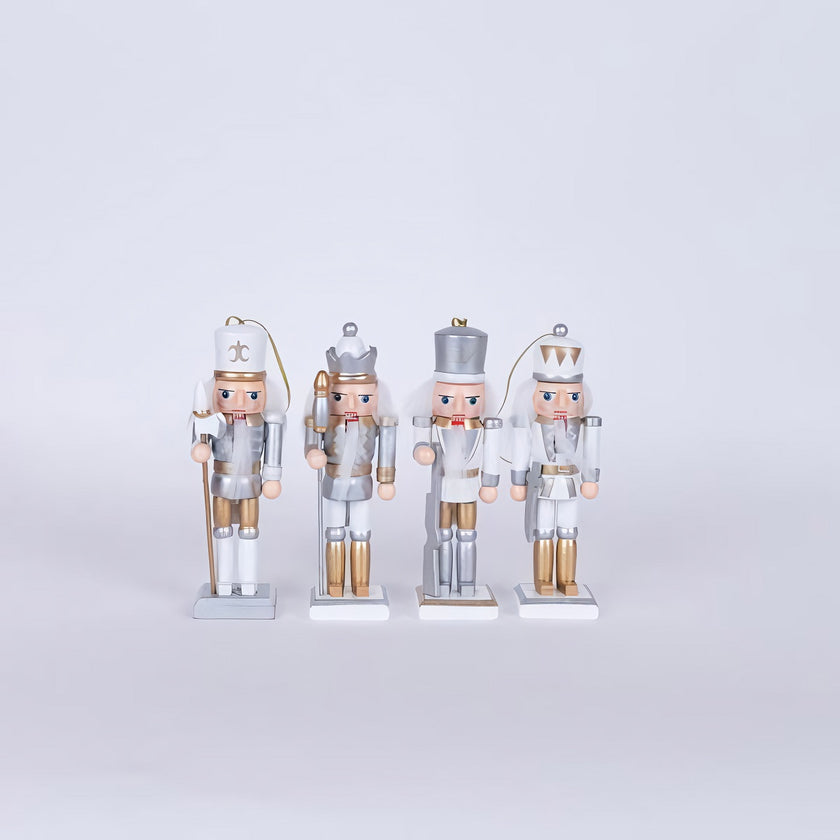 Set 4 spărgători de nuci din lemn pentru Crăciun, alb și argintiu, 12cm