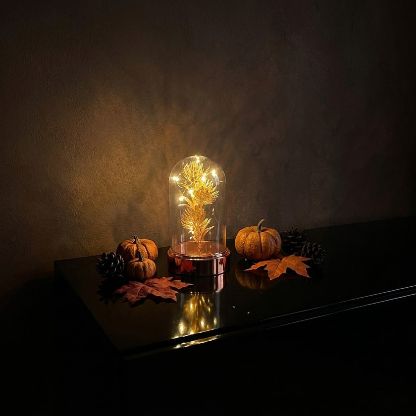 Decorațiune luminoasă cupolă cu floare aurie și LED 20cm