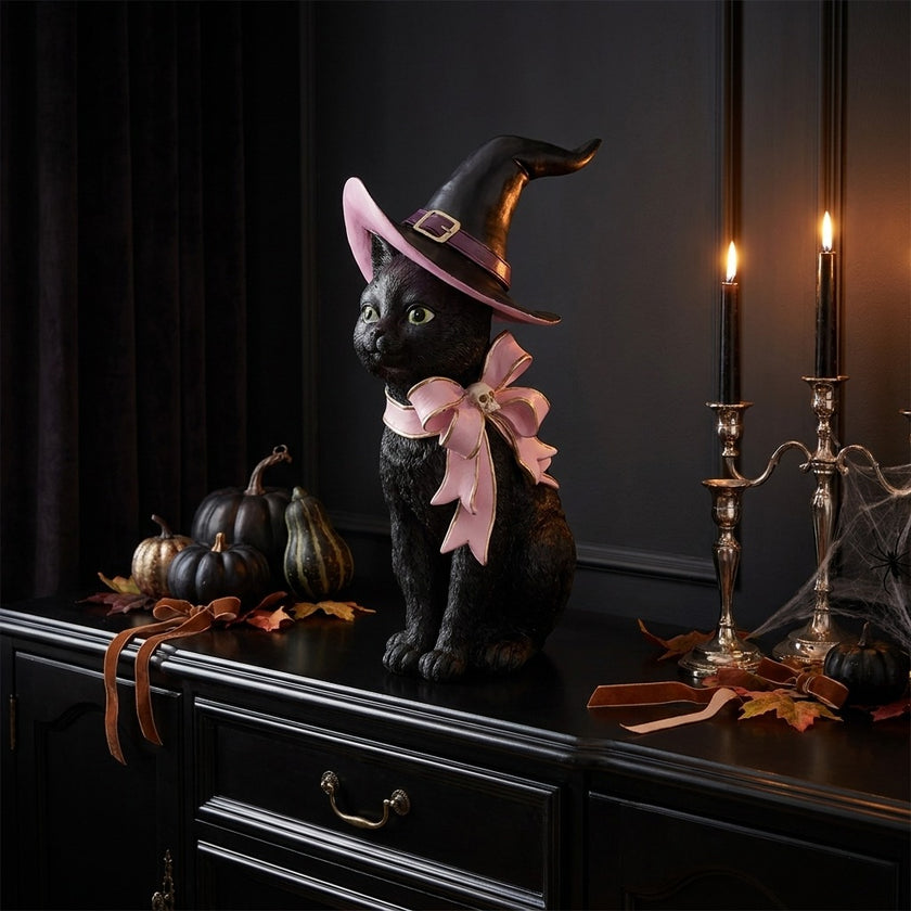 Figurină de Halloween pisică neagră cu pălărie 30cm