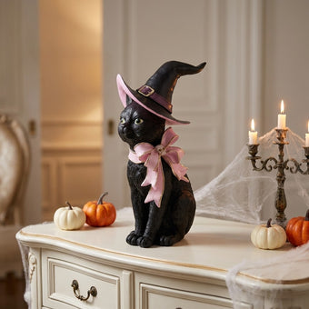 Figurină de Halloween pisică neagră cu pălărie 30cm