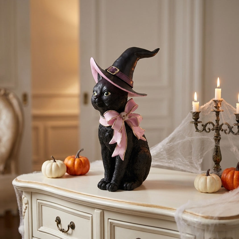 Figurină de Halloween pisică neagră cu pălărie 30cm