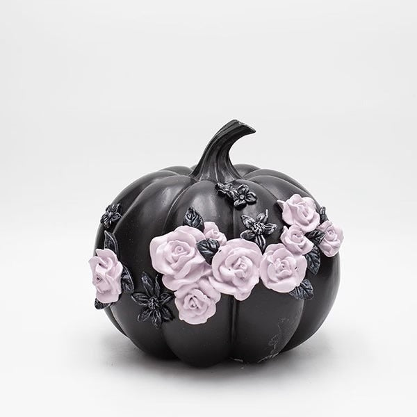 Dovleac decorativ negru cu trandafiri roz 21cm