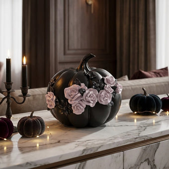 Dovleac decorativ negru cu trandafiri roz 21cm