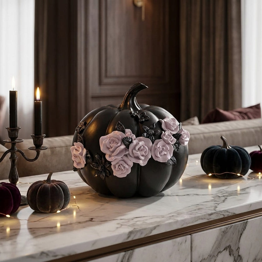 Dovleac decorativ negru cu trandafiri roz 21cm