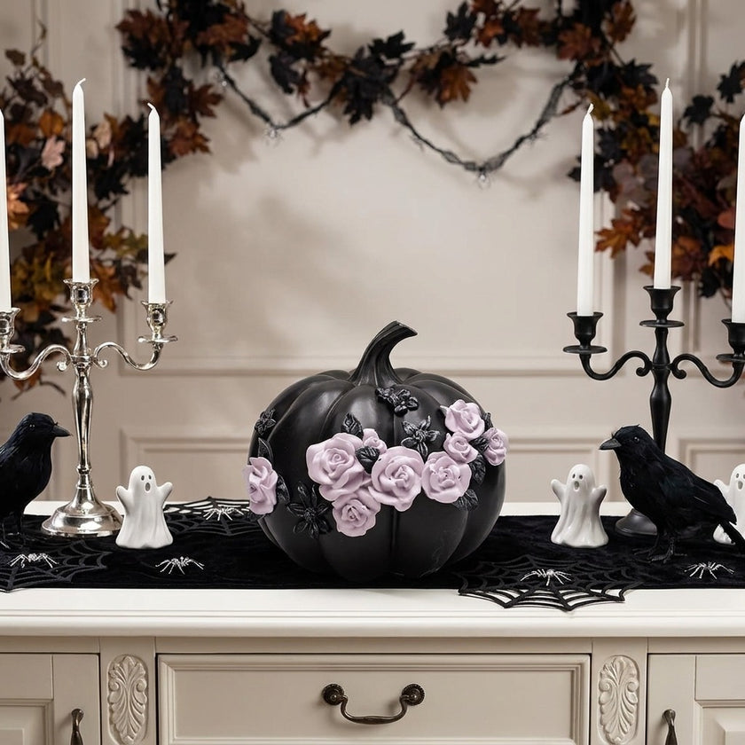 Dovleac decorativ negru cu trandafiri roz 21cm
