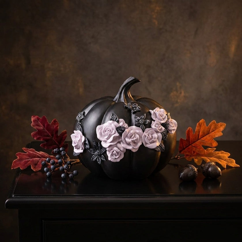 Dovleac decorativ negru cu trandafiri roz 21cm