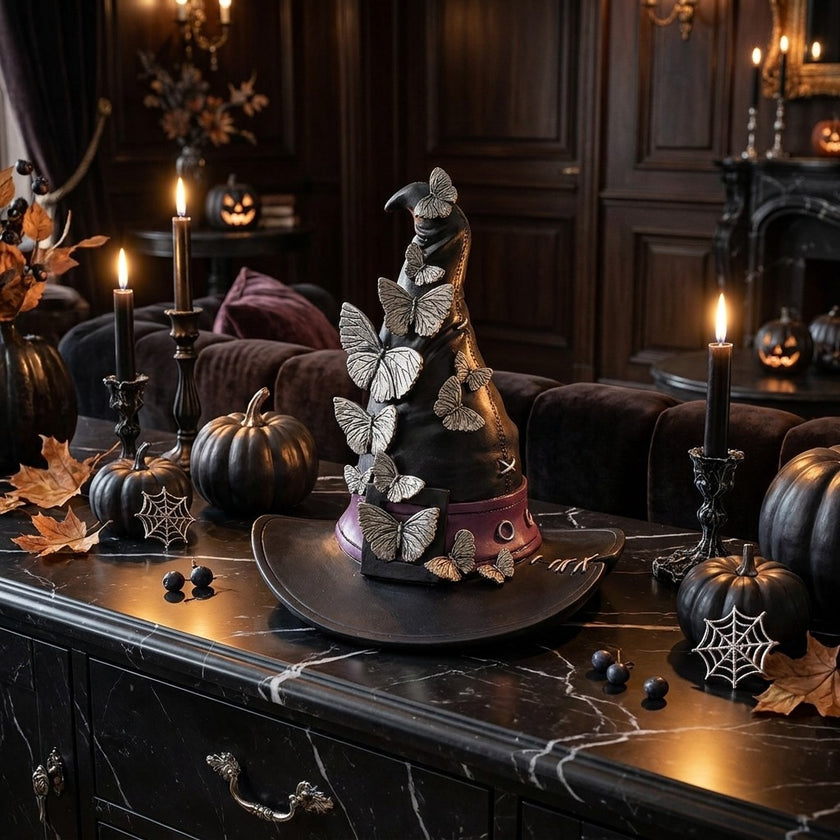 Figurină de Halloween pălărie de vrăjitoare cu fluturi 22cm