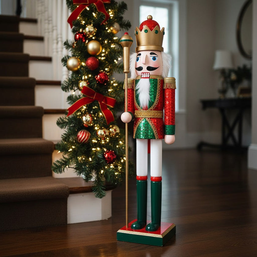 Spărgător de nuci decorativ Crăciun, din lemn, roșu, 60 cm