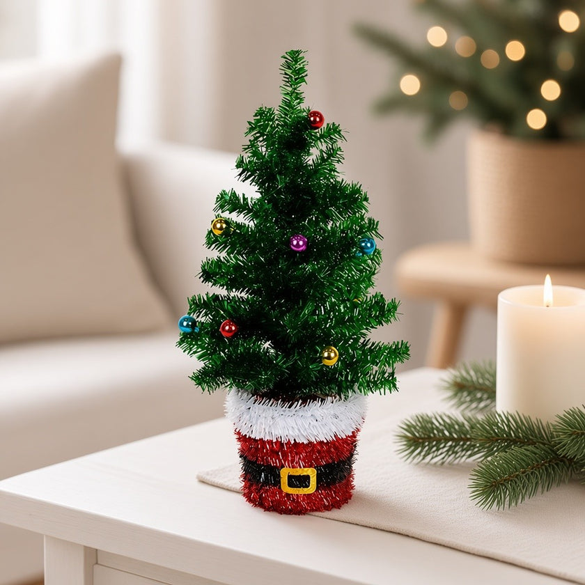 Brad artificial decorativ de masă, în ghiveci Moș Crăciun, verde, 45cm