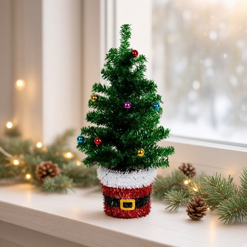Brad artificial decorativ de masă, în ghiveci Moș Crăciun, verde, 45cm