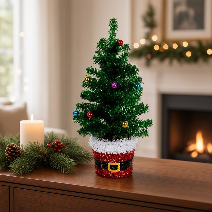 Brad artificial decorativ de masă, în ghiveci Moș Crăciun, verde, 45cm