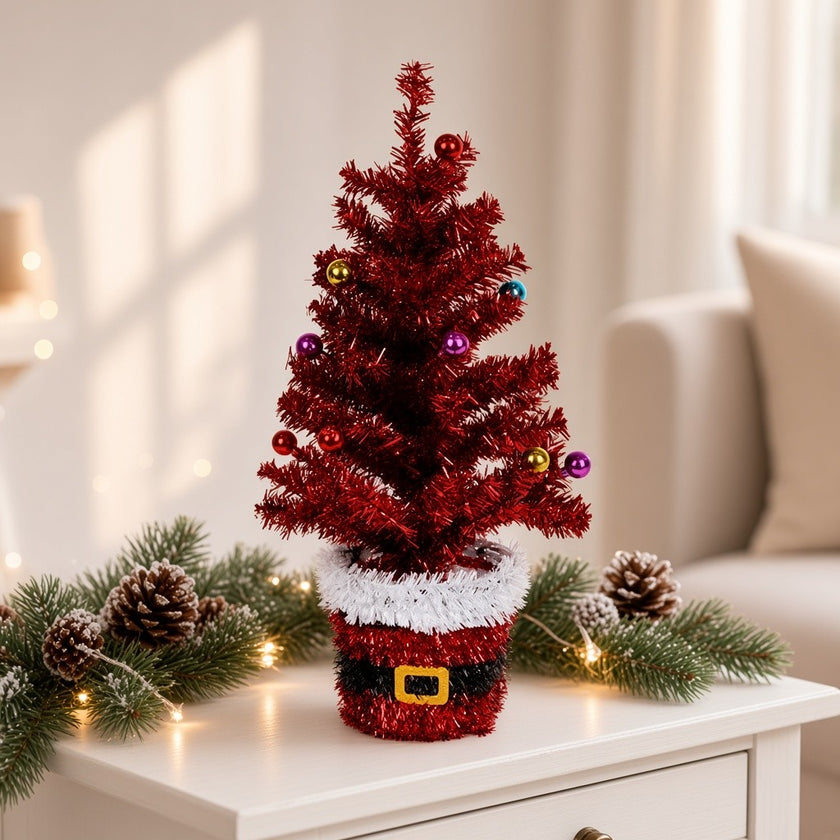 Brad artificial decorativ de masă, în ghiveci Moș Crăciun, roșu, 45cm
