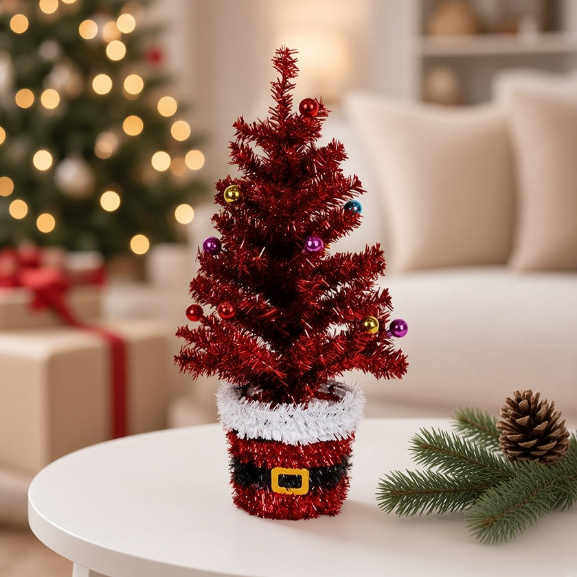 Brad artificial decorativ de masă, în ghiveci Moș Crăciun, roșu, 45cm