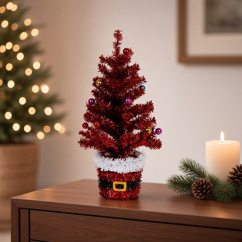 Brad artificial decorativ de masă, în ghiveci Moș Crăciun, roșu, 45cm