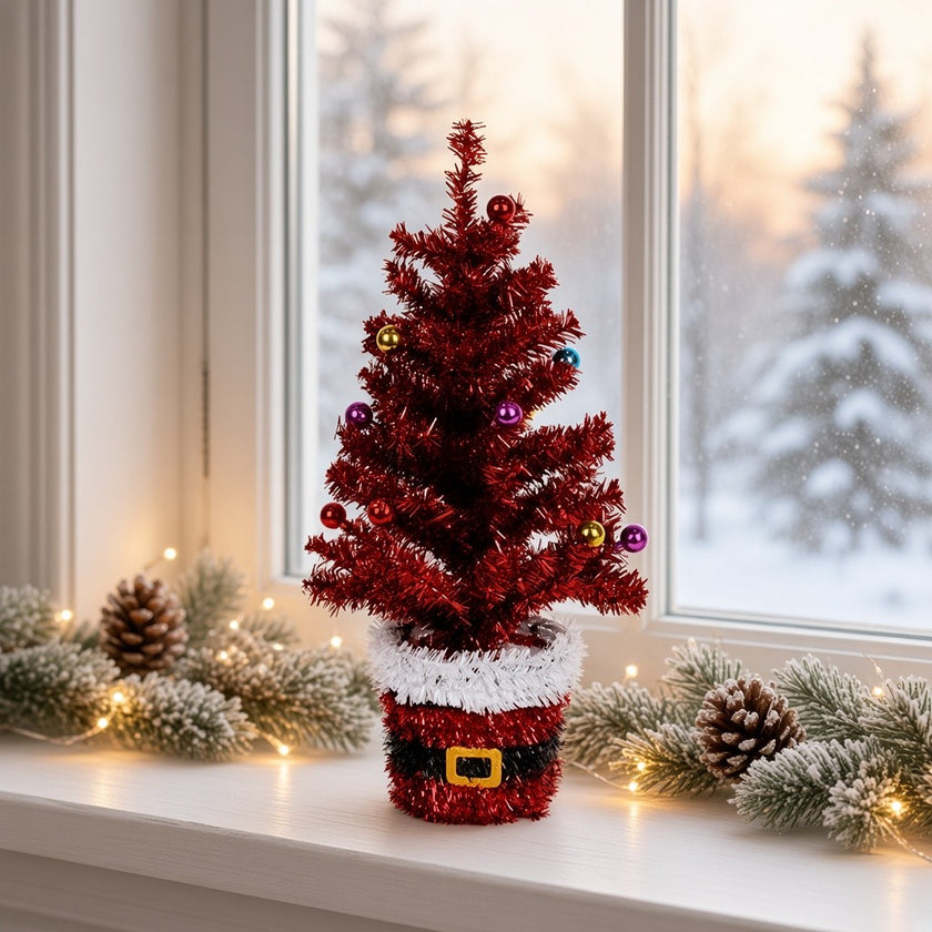 Brad artificial decorativ de masă, în ghiveci Moș Crăciun, roșu, 45cm