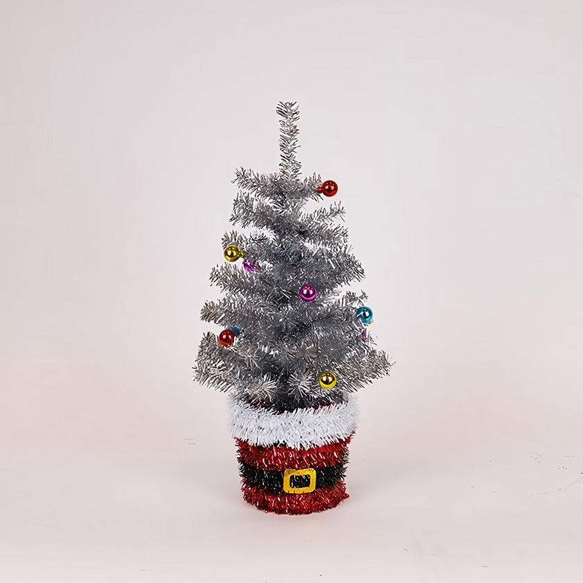 Brad artificial decorativ de masă, în ghiveci Moș Crăciun, argintiu, 45cm