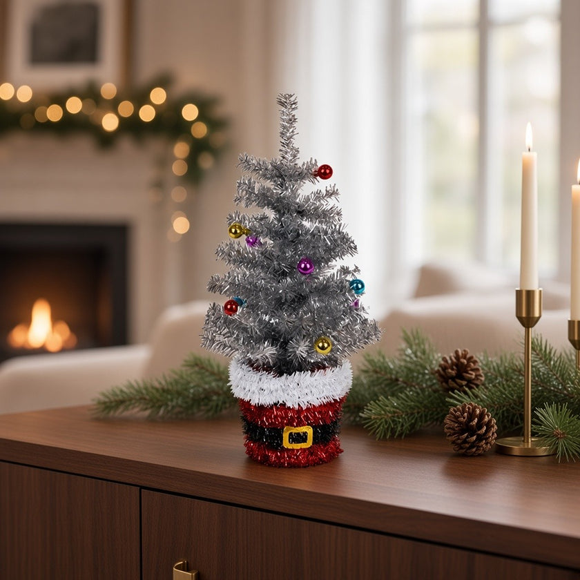 Brad artificial decorativ de masă, în ghiveci Moș Crăciun, argintiu, 45cm