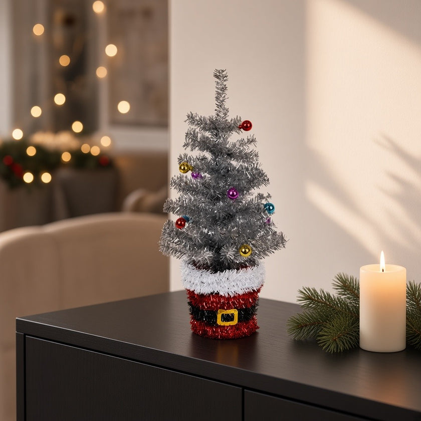 Brad artificial decorativ de masă, în ghiveci Moș Crăciun, argintiu, 45cm