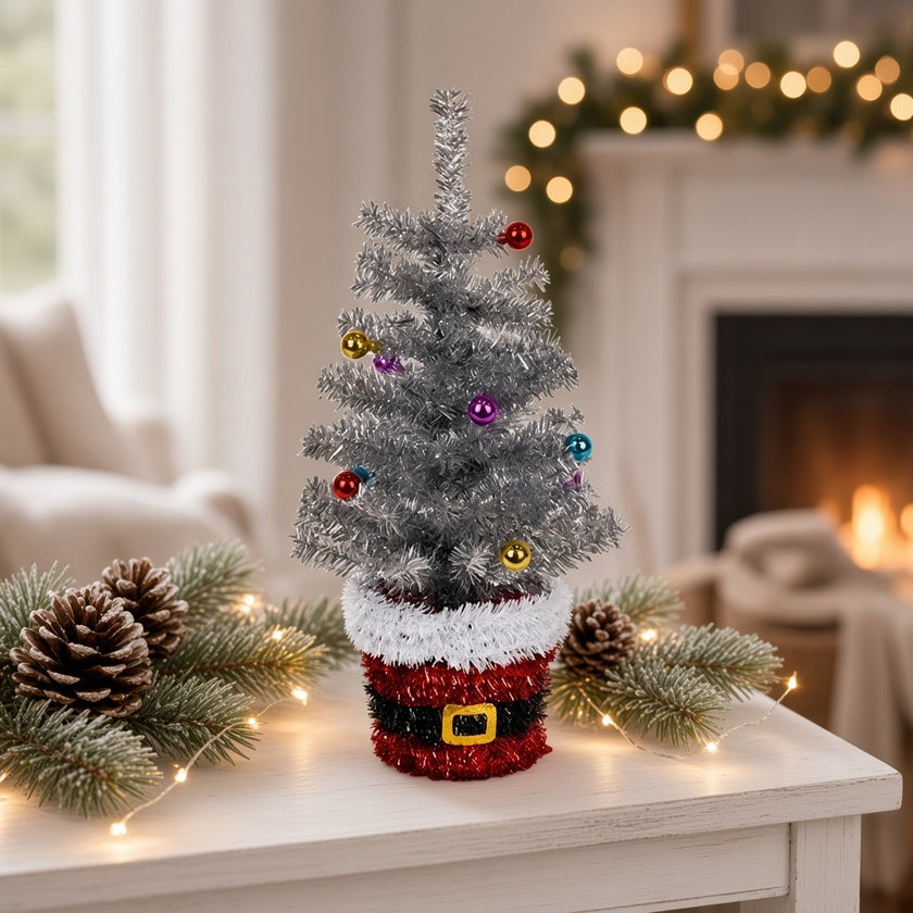 Brad artificial decorativ de masă, în ghiveci Moș Crăciun, argintiu, 45cm