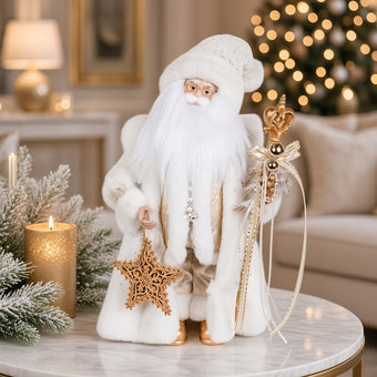 Figurină decorativă Moș Crăciun cu haine albe, sceptru și stea aurie, 46 cm