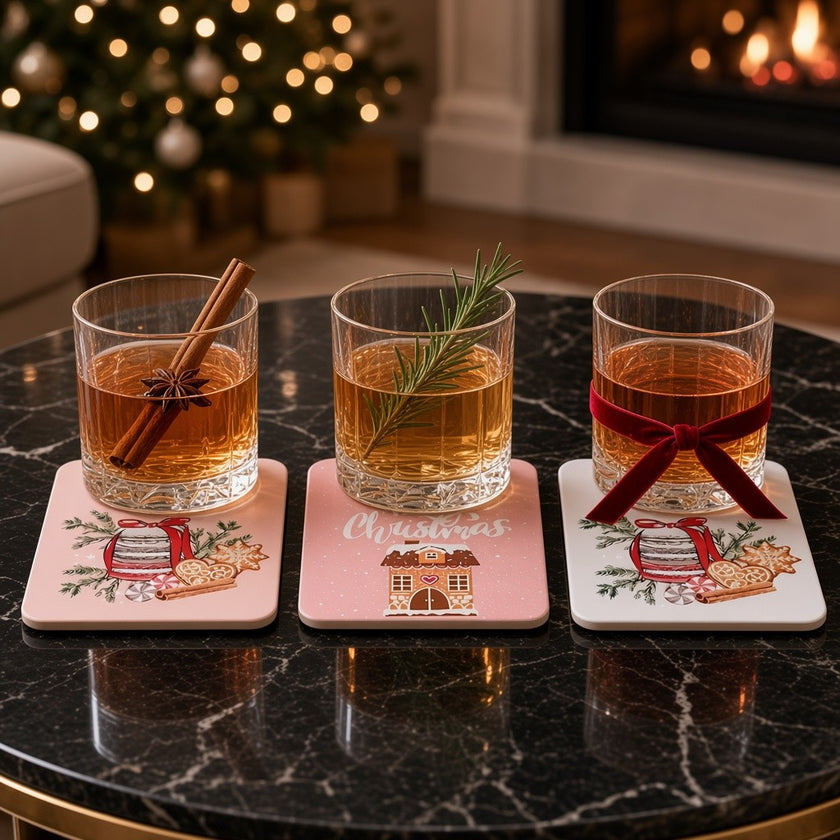 Set de 6 suporturi pentru pahare și căni de Crăciun, roz și alb, 9cm