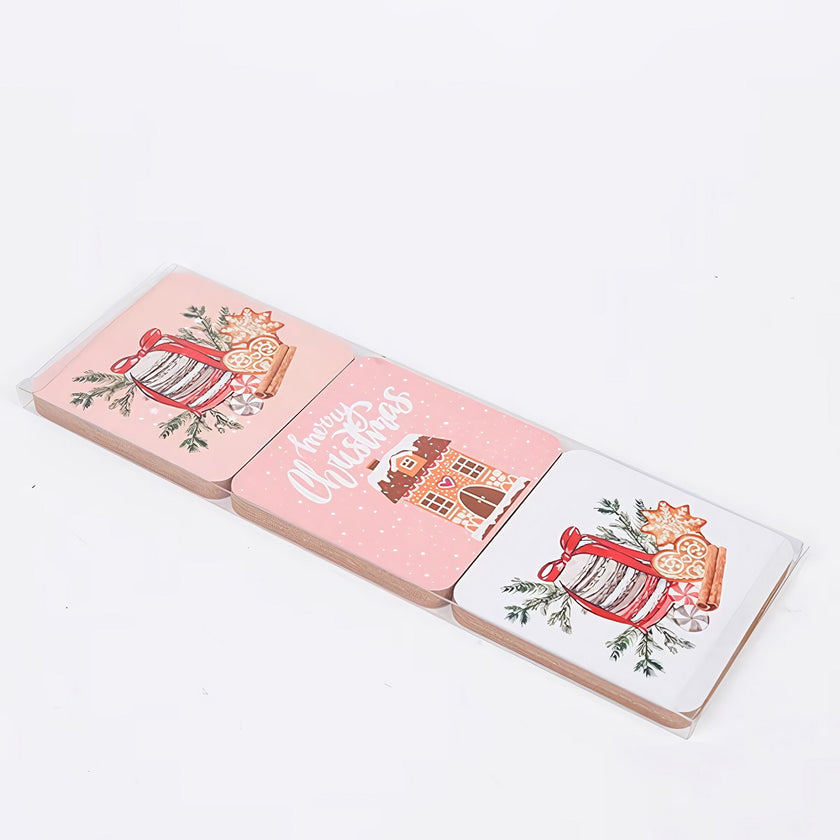 Set de 6 suporturi pentru pahare și căni de Crăciun, roz și alb, 9cm