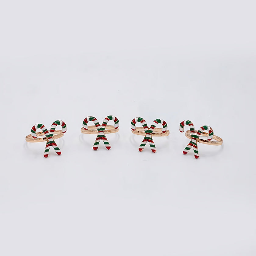 Set 4 inele pentru șervețele, cu acadele de Crăciun, metal, 3cm