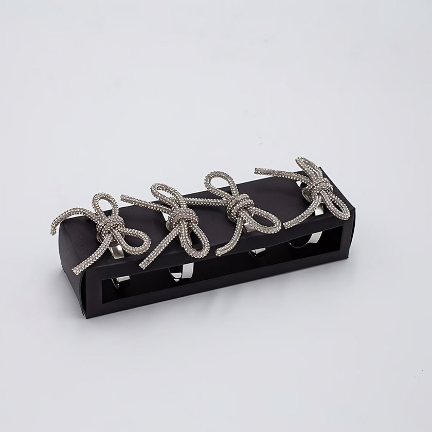 Set 4 inele pentru șervețele, cu fundă și pietre argintii, metal, 4cm