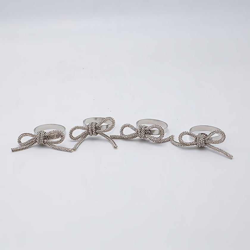 Set 4 inele pentru șervețele, cu fundă și pietre argintii, metal, 4cm