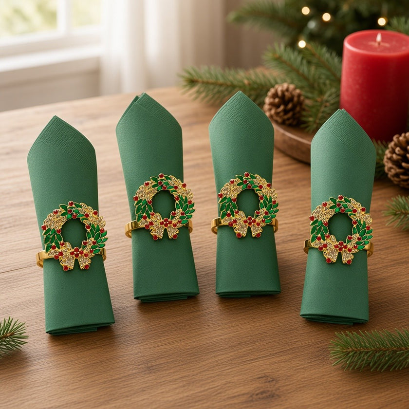 Set 4 inele pentru șervețele, în formă de coroniță de Crăciun, metal, 4cm