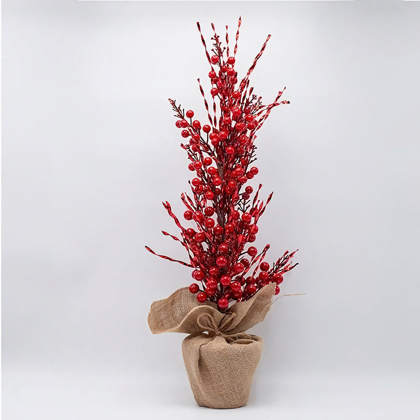 Pom decorativ de Crăciun în ghiveci, cu bobițe roșii, 63cm