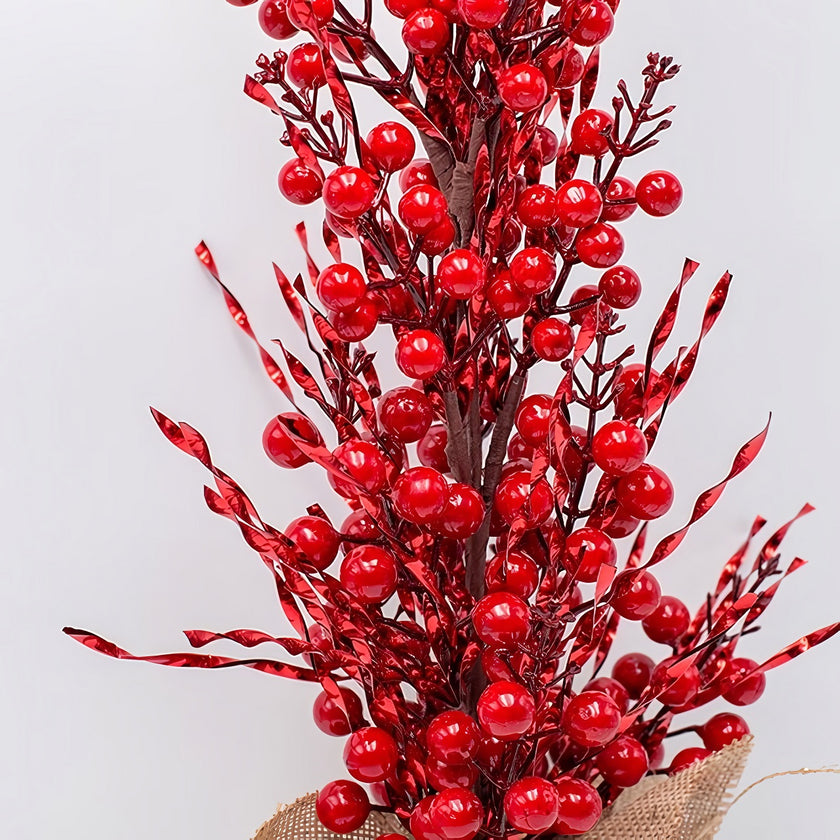 Pom decorativ de Crăciun în ghiveci, cu bobițe roșii, 63cm