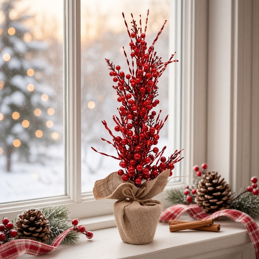 Pom decorativ de Crăciun în ghiveci, cu bobițe roșii, 63cm