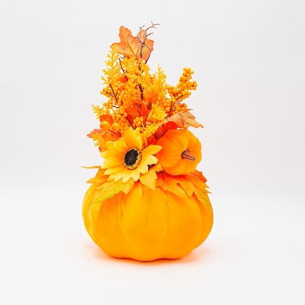 Aranjament decorativ cu dovleac catifelat portocaliu 21cm