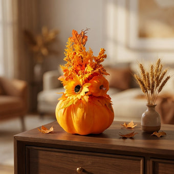 Aranjament decorativ cu dovleac catifelat portocaliu 37cm