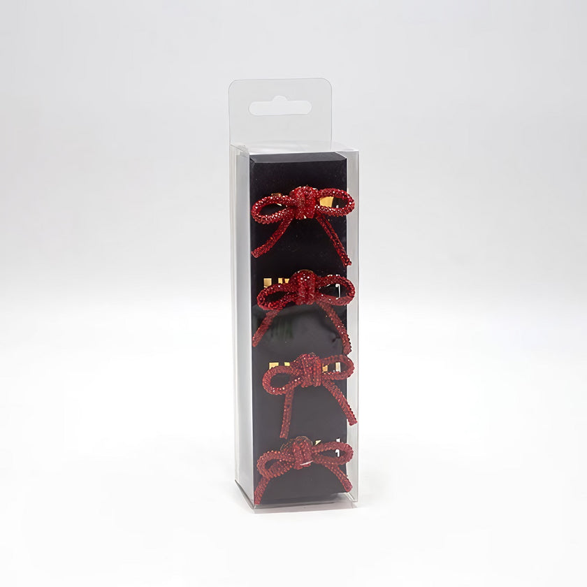 Set 4 inele pentru șervețele, cu fundă și pietre roșii, metal, 4cm