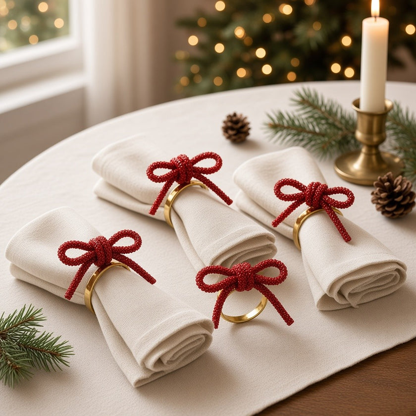 Set 4 inele pentru șervețele, cu fundă și pietre roșii, metal, 4cm